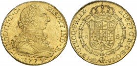 1774. Carlos III. Santa Fe de Nuevo Reino. VJ. 8 escudos. (Cal. 176) (Cal.Onza 868) (Restrepo 72-6). 27 g. Finas rayas. Bella. Brillo original. Escasa...