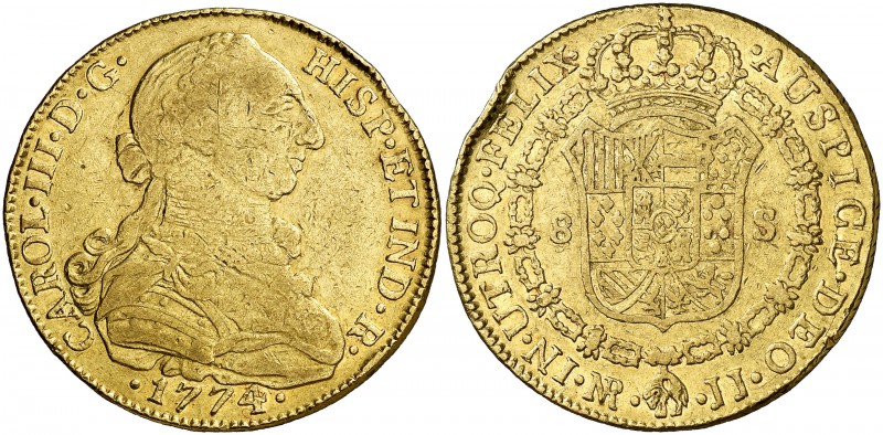 1774. Carlos III. Santa Fe de Nuevo Reino. JJ. 8 escudos. (Cal. 177) (Cal.Onza 8...