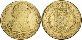 1776. Carlos III. Santa Fe de Nuevo Reino. JJ. 8 escudos. (Cal. 179) (Cal.Onza 871) (Restrepo 72-10). 26,94 g. Sin punto entre los ensayadores. Leves ...