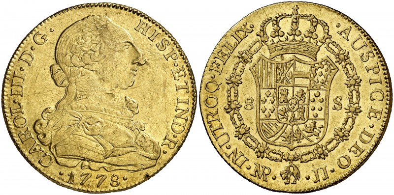 1778. Carlos III. Santa Fe de Nuevo Reino. JJ. 8 escudos. (Cal. 184) (Cal.Onza 8...