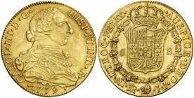 1779. Carlos III. Santa Fe de Nuevo Reino. JJ. 8 escudos. (Cal. 185) (Cal.Onza 878) (Restrepo 72-18). 27 g. Leves rayitas. Bella. Parte de brillo orig...