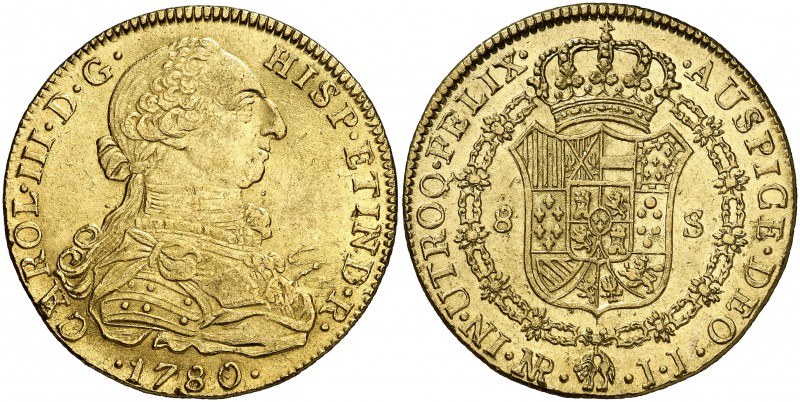1780/79. Carlos III. Santa Fe de Nuevo Reino. JJ. 8 escudos. (Cal. 186) (Cal.Onz...