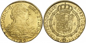 1780/79. Carlos III. Santa Fe de Nuevo Reino. JJ. 8 escudos. (Cal. 186) (Cal.Onza 879) (Restrepo 72-19). 27 g. Leves golpecitos. Pequeño exceso de oro...