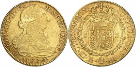 1782. Carlos III. Santa Fe de Nuevo Reino. JJ. 8 escudos. (Cal. 190) (Cal.Onza 884) (Restrepo 72-24). 26,87 g. Golpecitos. Bonito color. MBC/MBC+.
