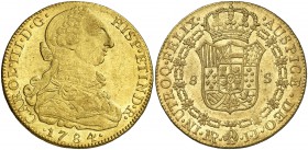 1784. Carlos III. Santa Fe de Nuevo Reino. JJ. 8 escudos. (Cal. 193) (Cal.Onza 887) (Restrepo 72-28). 26,96 g. Leves marquitas. Bella. Parte de brillo...