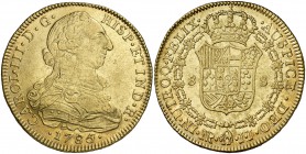 1785/4. Carlos III. Santa Fe de Nuevo Reino. JJ. 8 escudos. (Cal. 194) (Cal. 888) (Kr. no reseña esta rectificación) (Restrepo 72-29). 27 g. Parte de ...