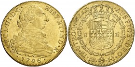 1786. Carlos III. Santa Fe de Nuevo Reino. JJ. 8 escudos. (Cal. 196) (Cal.Onza 891) (Restrepo 72-32). 27 g. Leves golpecitos. Parte de brillo original...