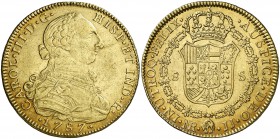 1787. Carlos III. Santa Fe de Nuevo Reino. JJ. 8 escudos. (Cal. 198) (Cal.Onza 893) (Restrepo 72-33a). 26,92 g. Sin punto entre los ensayadores. Levís...