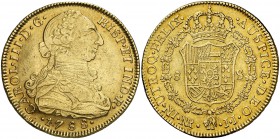 1788. Carlos III. Santa Fe de Nuevo Reino. JJ. 8 escudos. (Cal. 199) (Cal.Onza 895) (Restrepo 72-36). 26,95 g. Golpecitos. MBC+.