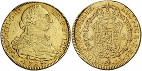 1789. Carlos III. Santa Fe de Nuevo Reino. JJ. 8 escudos. (Cal. 200) (Cal.Onza 896) (Restrepo 72-38c). 26,92 g. Sin punto delante de AUSPICE. Golpecit...