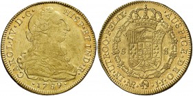 1789. Carlos IV. Santa Fe de Nuevo Reino. JJ. 8 escudos. (Cal. 116) (Cal.Onza 1112) (Restrepo 95-2). 26,94 g. Busto de Carlos III. Ordinal IV (rectifi...