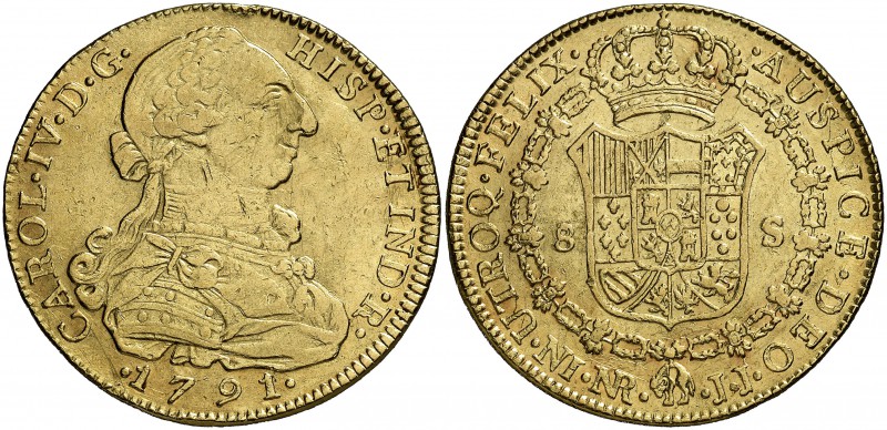 1791. Carlos IV. Santa Fe de Nuevo Reino. JJ. 8 escudos. (Cal. 119) (Cal.Onza 11...