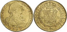 1791. Carlos IV. Santa Fe de Nuevo Reino. JJ. 8 escudos. (Cal. 119) (Cal.Onza 1117) (Restrepo 95-8). 27 g. Busto de Carlos III. Ordinal IV. Con punto ...