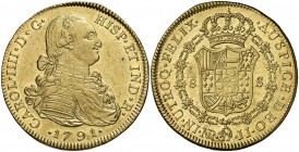 1791. Carlos IV. Santa Fe de Nuevo Reino. JJ. 8 escudos. (Cal. 120) (Cal.Onza 1118) (Restrepo 97-2a). 27 g. Primer año de busto propio. Sin punto entr...