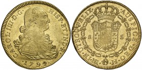 1794/3. Carlos IV. Santa Fe de Nuevo Reino. JJ. 8 escudos. (Cal. 124 var) (Cal.Onza falta). Rectificación de fecha no reseñada en Restrepo ni en Kraus...