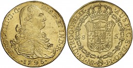1795. Carlos IV. Santa Fe de Nuevo Reino. JJ. 8 escudos. (Cal. 125) (Cal.Onza 1126) (Restrepo 97-12). 27,01 g. Bella. Escasa así. EBC-/EBC.