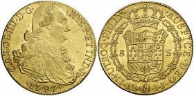 1797. Carlos IV. Santa Fe de Nuevo Reino. JJ. 8 escudos. (Cal. 127) (Cal.Onza 1129) (Restrepo 97-16). 27,03 g. Sin punto delante de CAROL. Bella. Part...