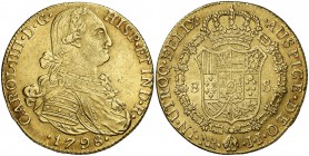 1798. Carlos IV. Santa Fe de Nuevo Reino. JJ. 8 escudos. (Cal. 128) (Cal.Onza 1130) (Restrepo 97-18). 27,04 g. Precioso color. EBC-.