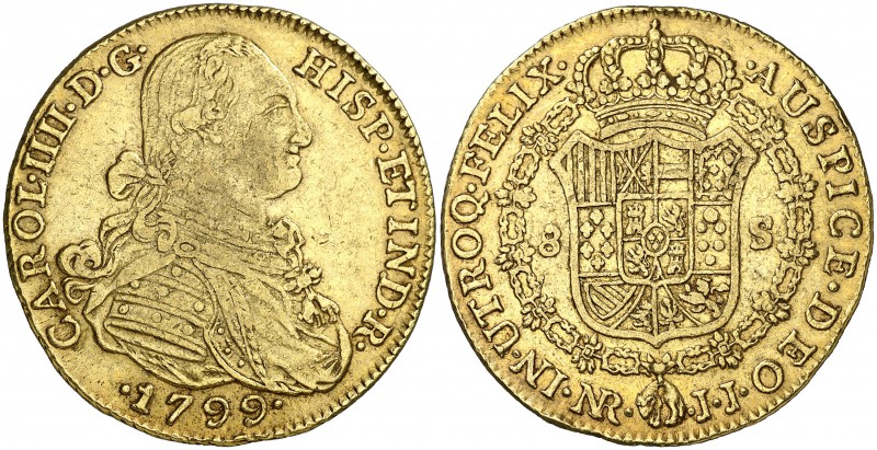 1799. Carlos IV. Santa Fe de Nuevo Reino. JJ. 8 escudos. (Cal. 129) (Cal.Onza 11...