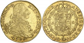 1799. Carlos IV. Santa Fe de Nuevo Reino. JJ. 8 escudos. (Cal. 129) (Cal.Onza 1132) (Restrepo 97-20). 26,84 g. Leves golpecitos. Bonito color. MBC.