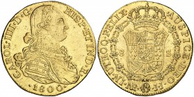 1800. Carlos IV. Santa Fe de Nuevo Reino. JJ. 8 escudos. (Cal. 131) (Cal.Onza 1134) (Restrepo 97-23). 27,01 g. Golpecitos. Buen ejemplar. MBC+.