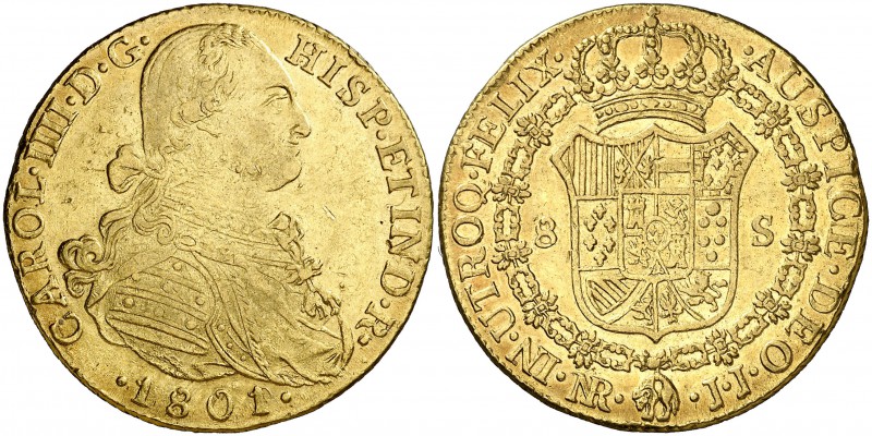 1801/0. Carlos IV. Santa Fe de Nuevo Reino. JJ. 8 escudos. (Cal. 132) (Cal.Onza ...