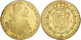 1801/0. Carlos IV. Santa Fe de Nuevo Reino. JJ. 8 escudos. (Cal. 132) (Cal.Onza 1135) (Restrepo 97-24). 26,94 g. Leves golpecitos. Bonito color. MBC+.