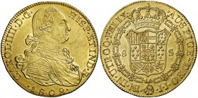 1802. Carlos IV. Santa Fe de Nuevo Reino. JJ. 8 escudos. (Cal. 135) (Cal.Onza 1138) (Restrepo 97-27). 27,13 g. Insignificantes marquitas. Muy bella. B...
