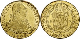 1803. Carlos IV. Santa Fe de Nuevo Reino. JJ. 8 escudos. (Cal. 137) (Cal.Onza 1140) (Restrepo 97-29). 27,27 g. Bella. Brillo original. Escasa así. EBC...