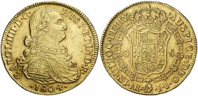 1804. Carlos IV. Santa Fe de Nuevo Reino. JJ. 8 escudos. (Cal. 139) (Cal.Onza 1142) (Restrepo 97-31). 27,05 g. Leves golpecitos. Bonito color. MBC+.