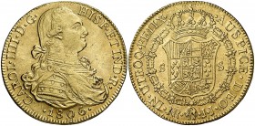 1806. Carlos IV. Santa Fe de Nuevo Reino. JJ. 8 escudos. (Cal. 142) (Cal.Onza 1145) (Restrepo 97-36). 26,96 g. Leves golpecitos. Bonito color. EBC-.