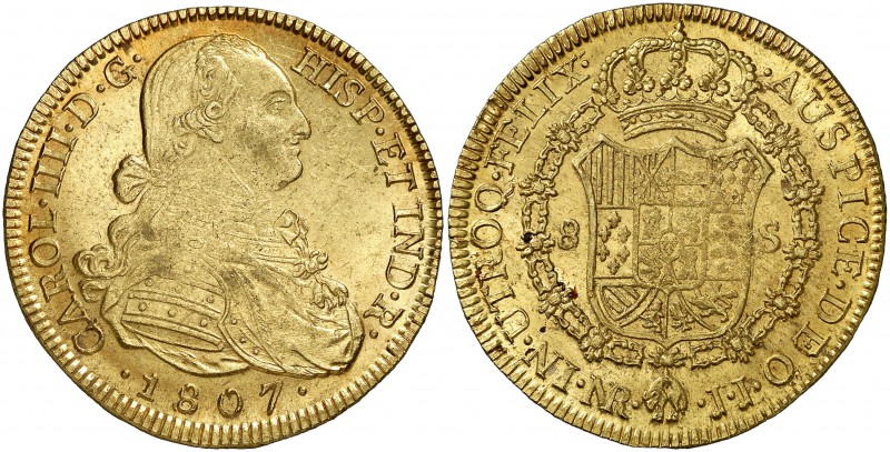 1807. Carlos IV. Santa Fe de Nuevo Reino. JJ. 8 escudos. (Cal. 143) (Cal.Onza 11...