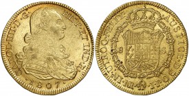 1807. Carlos IV. Santa Fe de Nuevo Reino. JJ. 8 escudos. (Cal. 143) (Cal.Onza 1147) (Restrepo 97-38). 27 g. Brillo original. EBC-.