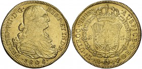 1808. Fernando VII. Santa Fe de Nuevo Reino. JF/JJ. 8 escudos. Falta en todos los catálogos especializados. 26,95 g. FERDNDVII sobre CAROLIIII. Rara. ...