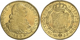 1809. Fernando VII. Santa Fe de Nuevo Reino. JF. 8 escudos. (Cal. 94) (Cal.Onza 1313) (Restrepo 127-6). 27,07 g. Hojita. Bonito color. MBC+/EBC-.