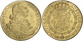 1810. Fernando VII. Santa Fe de Nuevo Reino. JF. 8 escudos. (Cal. 95) (Cal.Onza 1314) (Restrepo 127-8). 26,99 g. Golpecito. Bella. Brillo original. Es...