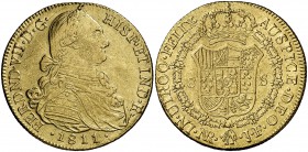 1811/0. Fernando VII. Santa Fe de Nuevo Reino. JF. 8 escudos. (Cal. 98 var) (Cal.Onza 1317) (Restrepo 127/9a). 26,80 g. Rectificación muy curiosa. MBC...