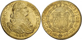 1813. Fernando VII. Santa Fe de Nuevo Reino. JF. 8 escudos. (Cal. 101) (Cal.Onza 1323) (Restrepo 127-15). 27,05 g. Leves golpecitos y hojitas. MBC+.