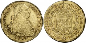 1814/3. Fernando VII. Santa Fe de Nuevo Reino. JF. 8 escudos. (Cal. 102) (Cal.Onza 1325) (Restrepo 127-16). 26,90 g. MBC+.