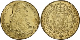 1815/4. Fernando VII. Santa Fe de Nuevo Reino. JF. 8 escudos. (Cal. 104 var) (Cal.Onza 1329) (Restrepo 127-18). 27,05 g. Levísimas marquitas. Bella. P...