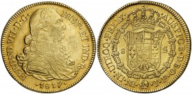 1817. Fernando VII. Santa Fe de Nuevo Reino. JF. 8 escudos. (Cal. 108) (Cal.Onza 1335) (Restrepo 127-26a). 26,83 g. Sin punto después de FERDND. Bonit...