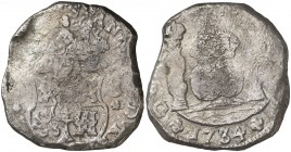 1734. Felipe V. Guatemala. (J). 8 reales. (Cal. 592). 23,34 g. Columnario. Oxidaciones limpiadas. Rara. BC+.