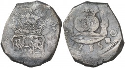 1735. Felipe V. Guatemala. J. 8 reales. (Cal. 593). 26,20 g. Columnario. Rara. BC+/MBC-.