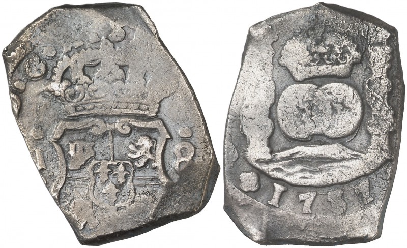 1737. Felipe V. Guatemala. J. 8 reales. (Cal. 595). 26,49 g. Columnario. Escasa....