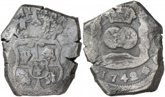 1742. Felipe V. Guatemala. (J). 8 reales. (Cal. 601). 26,13 g. Columnario. Escasa. (MBC).