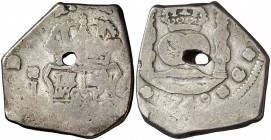 1749. Fernando VI. Guatemala. J. 8 reales. (Cal. 280). 26,63 g. Columnario. Perforación. Rara. (BC+/MBC-).