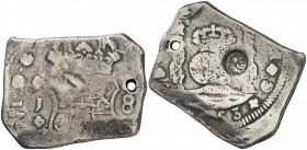 (17)53. Fernando VI. Guatemala. J. 8 reales. (Cal. 285). 26,64 g. Columnario. Resello de Guatemala (De Mey 717) (Kr. 102). Perforación. Escasa. BC+/MB...