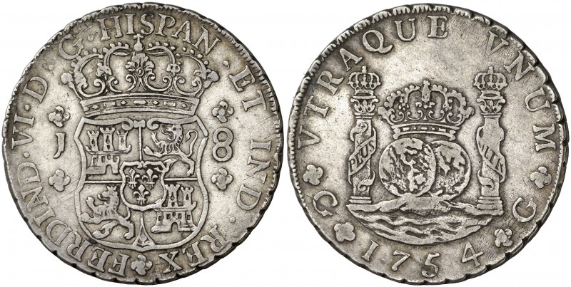 1754. Fernando VI. Guatemala. J. 8 reales. (Cal. 286). 26,88 g. Columnario. El 5...