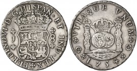 1754. Fernando VI. Guatemala. J. 8 reales. (Cal. 287). 26,79 g. Columnario. El 5 de la fecha clásico. Golpecito. Rara. MBC+/MBC.