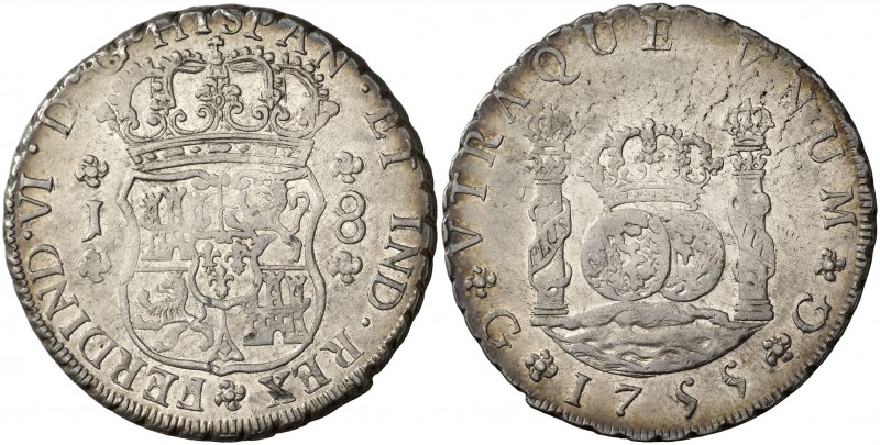 1755. Fernando VI. Guatemala. J. 8 reales. (Cal. 288). 26,81 g. Columnario. La J...
